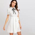 Shein Pearl Detail Lace Bow Embellished Belted Dress