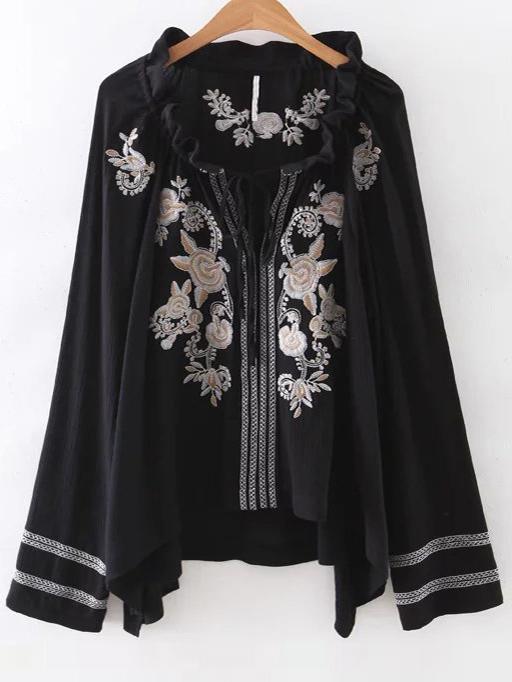 Shein Black Embroidered Tie Neck Blouse