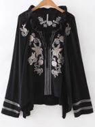 Shein Black Embroidered Tie Neck Blouse