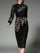 Shein Black Flowers Embroidered Lace Sheath Dress