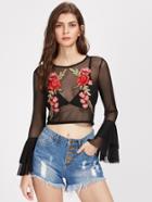 Shein Embroidered Appliques Tiered Flute Sleeve Keyhole Back Mesh Top