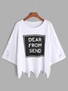 Shein White Slogan Print Ripped Cuffed Asymmetric T-shirt