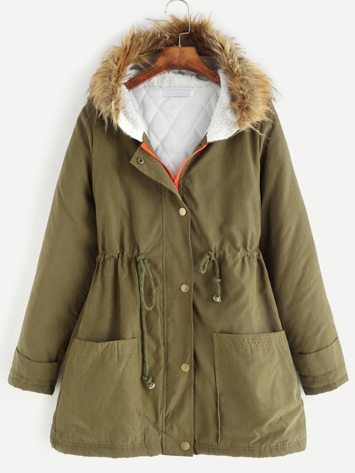 Shein Army Green Drawstring Faux Fur Hooded Parka