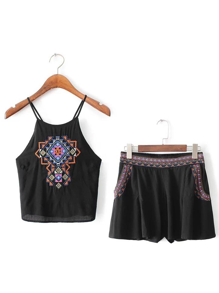 Shein Black Spaghetti Strap Embroidery Top With Shorts