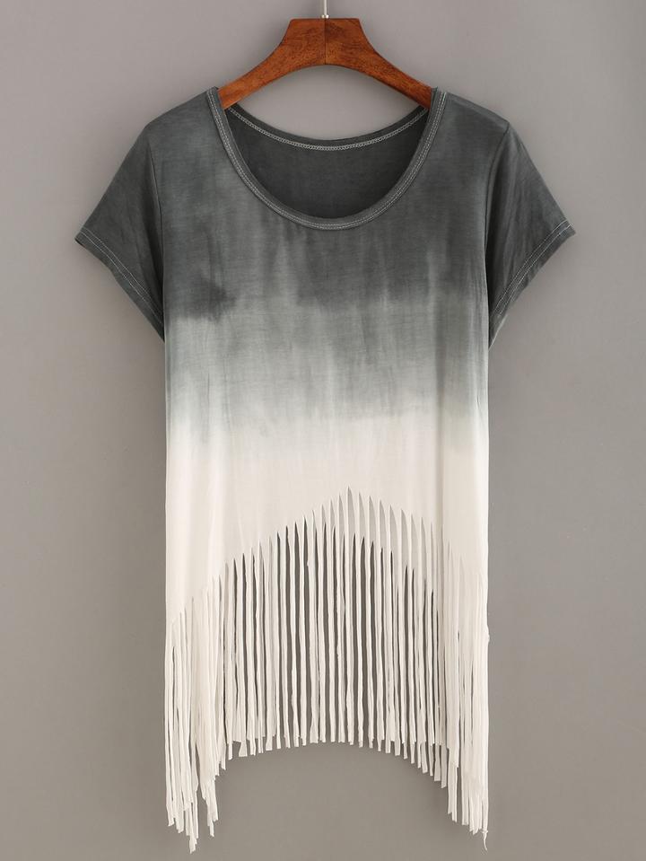 Shein Grey Ombre Fringe T-shirt