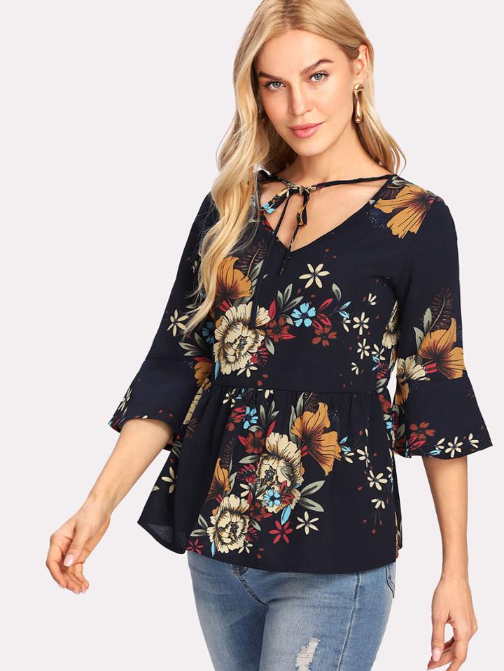 Shein Trumpet Sleeve Botanical Top