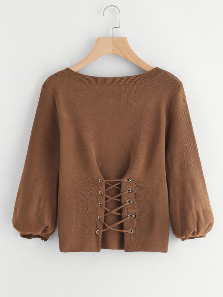 Shein Lantern Sleeve Eyelet Lace Up Sweater