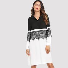 Shein Two Tone Lace Applique Shirt Dress
