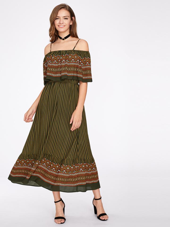 Shein Mixed Print Flounce Cold Shoulder Dress
