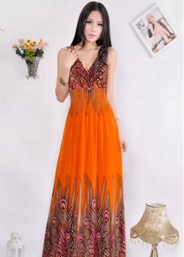 Rosewe New Arrival Printed Sleeveless Sheared Waist Long Dress