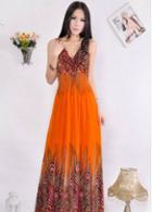 Rosewe New Arrival Printed Sleeveless Sheared Waist Long Dress