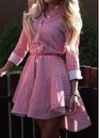 Rosewe Turndown Collar Stripe Print Button Closure Dress