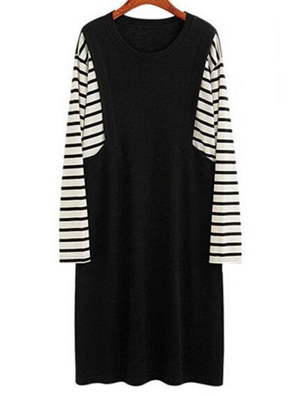 Shein Black Round Neck Striped Slim Plus Dress