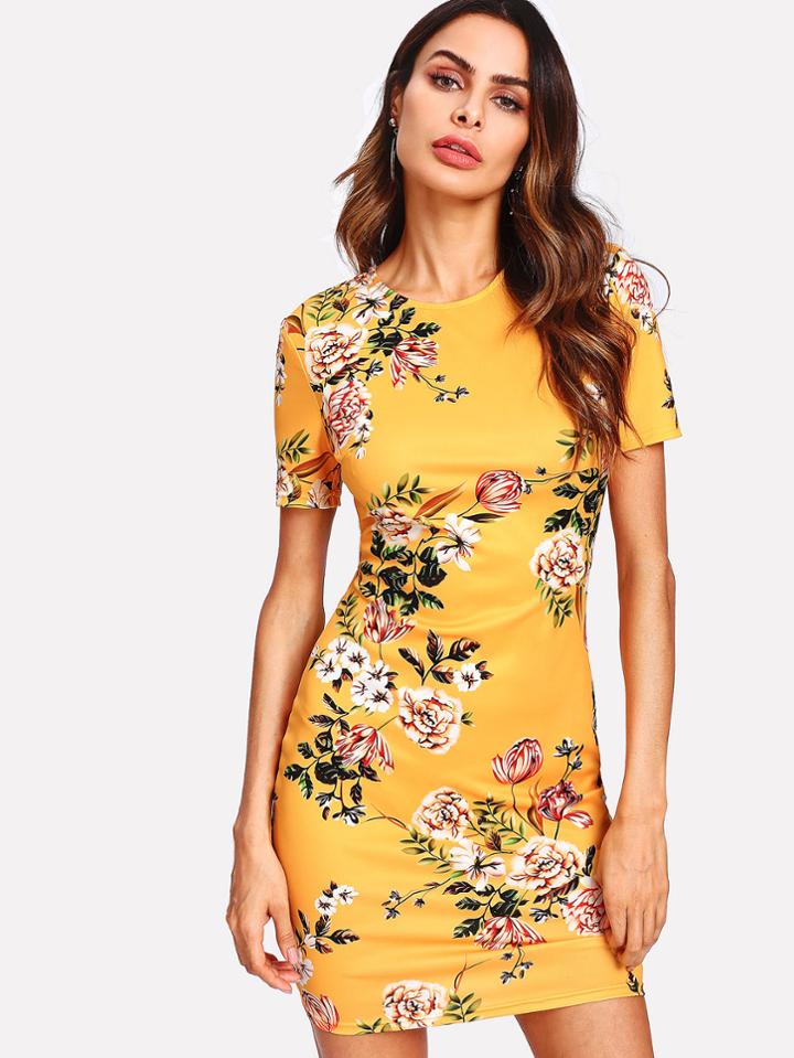 Shein Allover Botanical Print Zip Back Dress