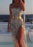 Rosewe Sequin Embellished Side Slit Golden Maxi Dress