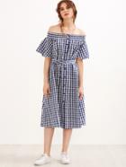 Shein Navy Gingham Belted Button Up Off The Shoulder Dress