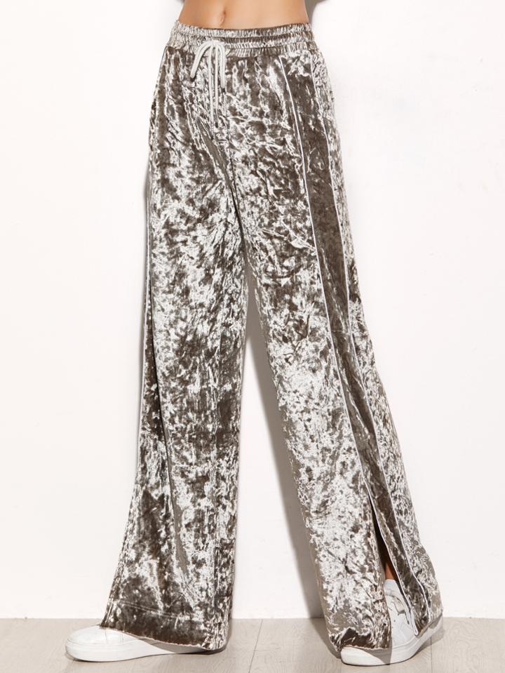 Shein Grey Striped Side Slit Wide Leg Velvet Drawstring Pants