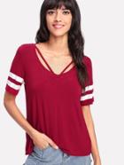 Shein V Strap Neck Striped Sleeve T-shirt