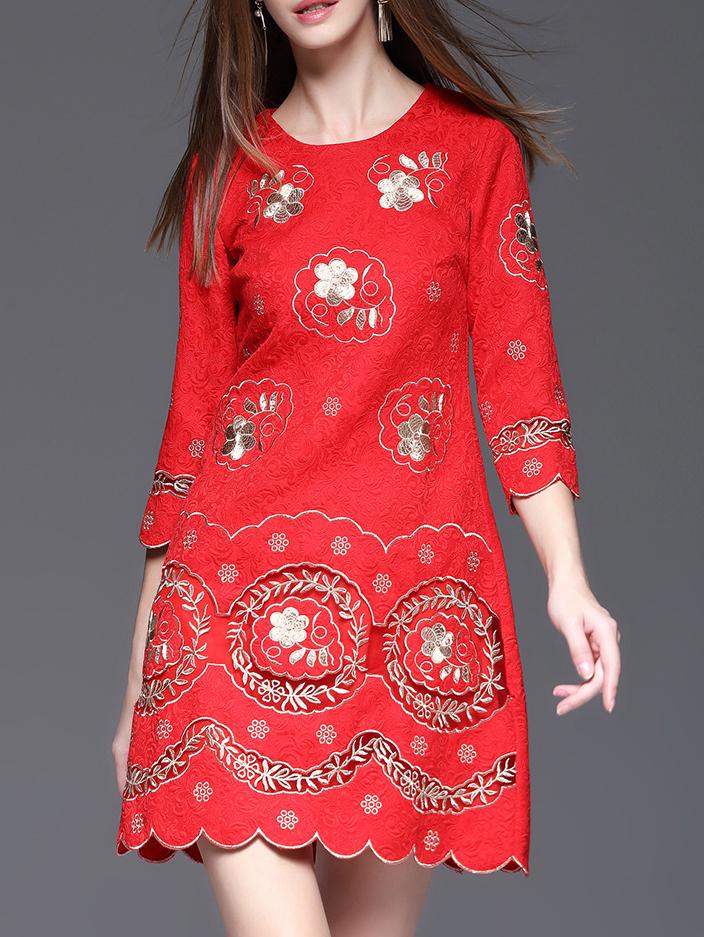 Shein Red Embroidered Jacquard Hollow Dress