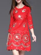 Shein Red Embroidered Jacquard Hollow Dress
