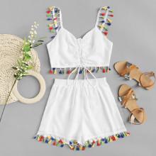 Shein Fringe Trim Zip-up Back Top With Shorts