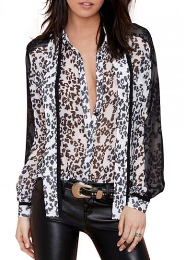 Rosewe Leopard Print V Neck Long Sleeve Chiffon Blouse