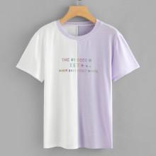Shein Slogan Embroidered Color Block Tee