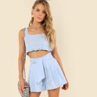 Shein Thick Strap Frill Hem Top & Boxed Pleated Shorts Set