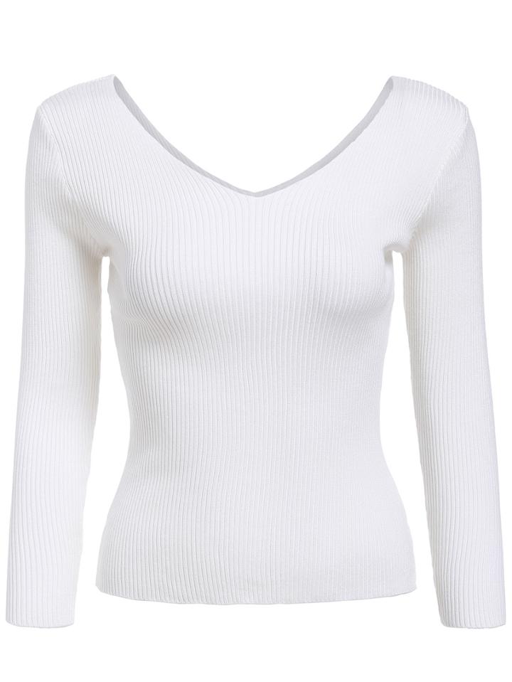 Shein White V Neck Slim Crop Knitwear
