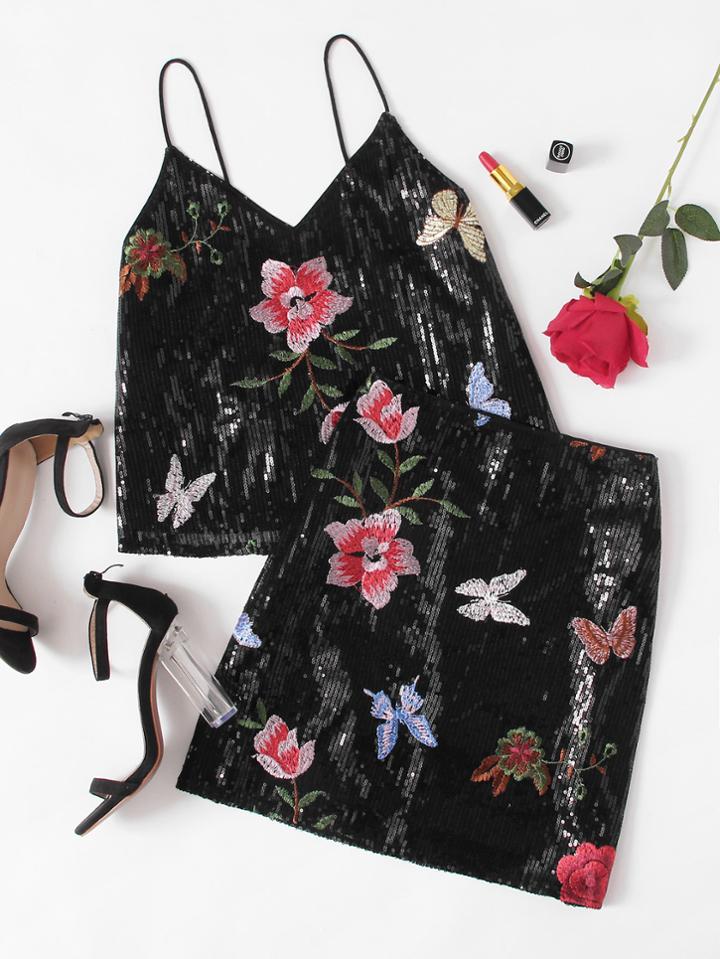 Shein Embroidery Sequin Cami Top & Skirt Set