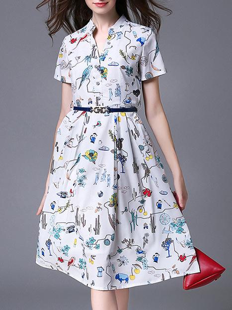 Shein White V Neck Print Belted Dress