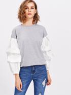 Shein Mixed Media Tiered Sleeve Heathered Pullover