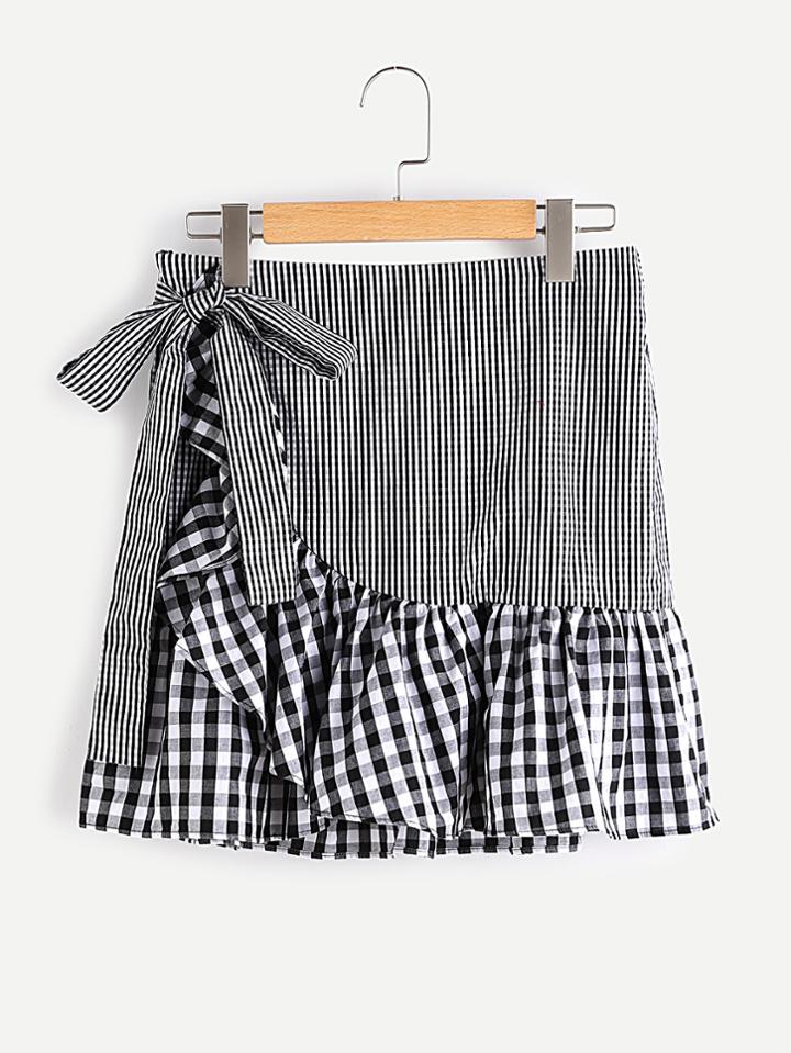 Shein Self Belt Frill Trim Mixed Gingham Wrap Skirt