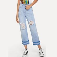 Shein Striped Hem Light Wash Ripped Jeans
