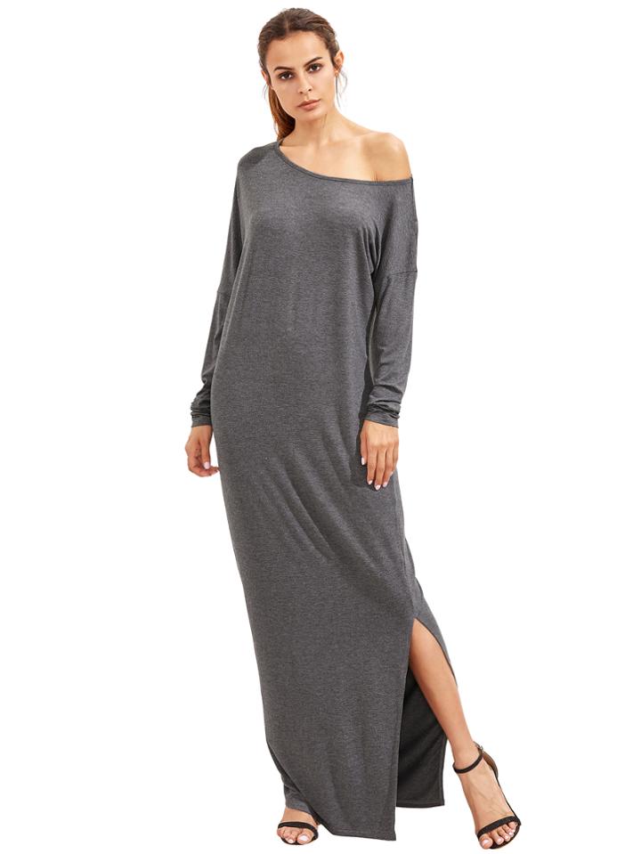Shein Dark Grey Oblique Shoulder Boatneck Bat Sleeve Slit Dress