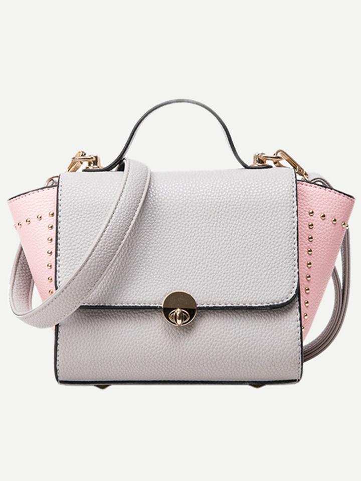 Shein Color Block Faux Leather Studded Trapeze Satchel Bag