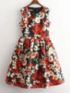 Shein Red Sleeveless Floral Zipper Skater Dress