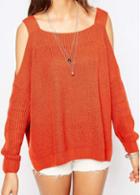 Rosewe Cold Shoulder Orange Asymmetric Loose Pullover Sweater