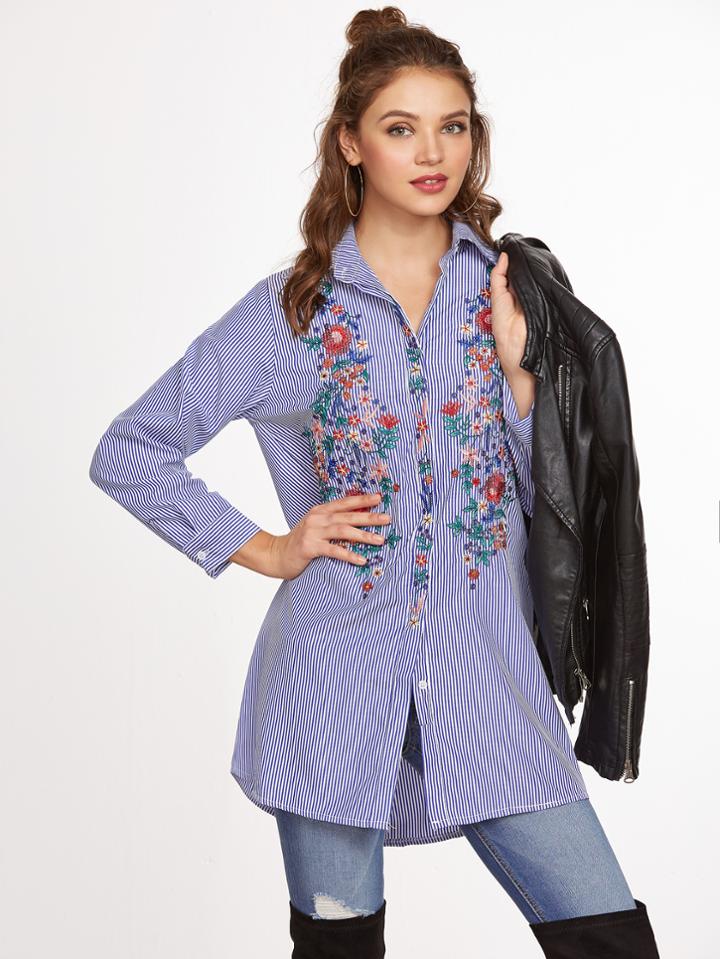 Shein Blue Vertical Striped Flower Embroidered Shirt