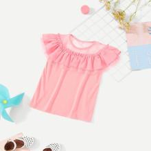 Shein Girls Sheer Neck Ruffle Trim Top