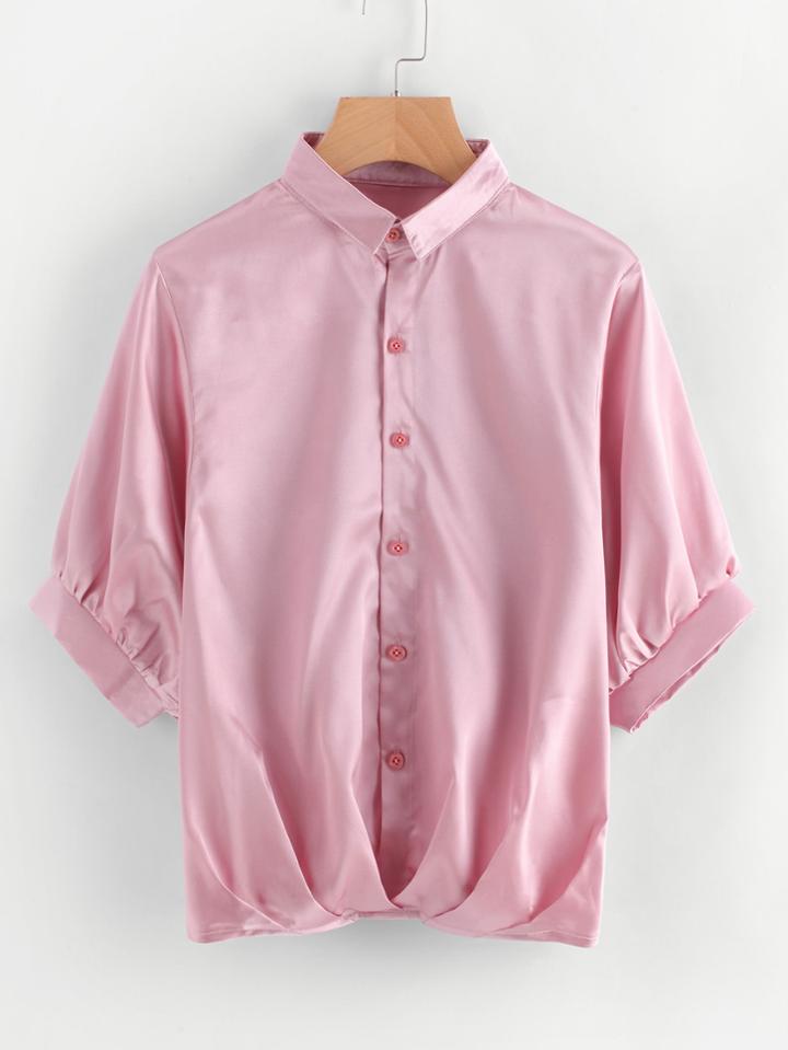 Shein Satin Lantern Sleeve Pleated Detail Shirt