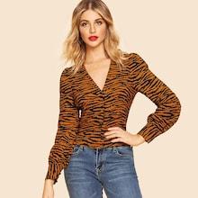 Shein Deep V-neck Tiger Pattern Blouse
