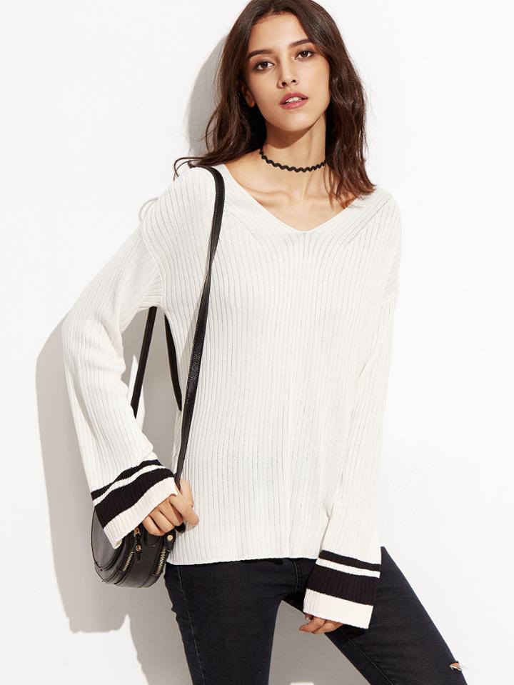Shein White Striped Cuff Ribbed Sweater