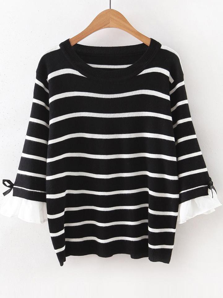 Shein Black Striped Ruffle Sleeve Sweater With Bow Tie