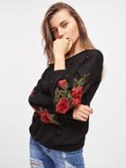 Shein 3d Flower Applique Ripped Sweatshirt