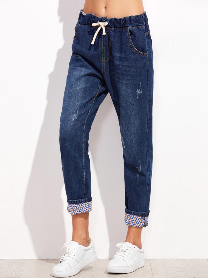 Shein Blue Bleach Wash Drawstring Cuffed Jeans