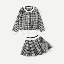 Shein Girls Contrast Trim Houndstooth Jacket With Skirt