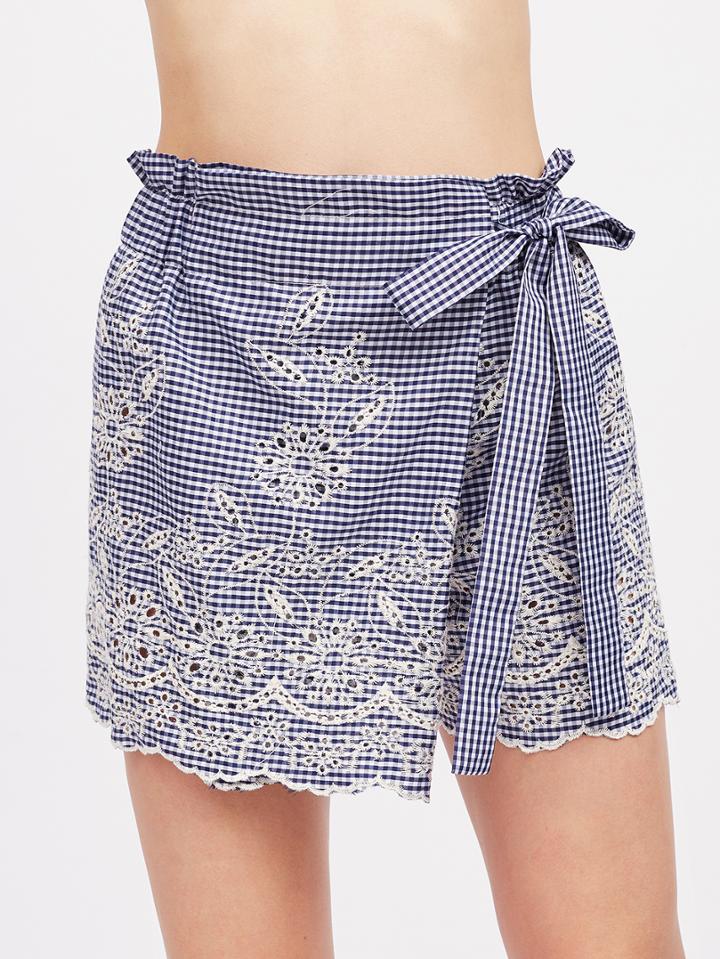 Shein Self Tie Eyelet Embroidered Gingham Wrap Skort