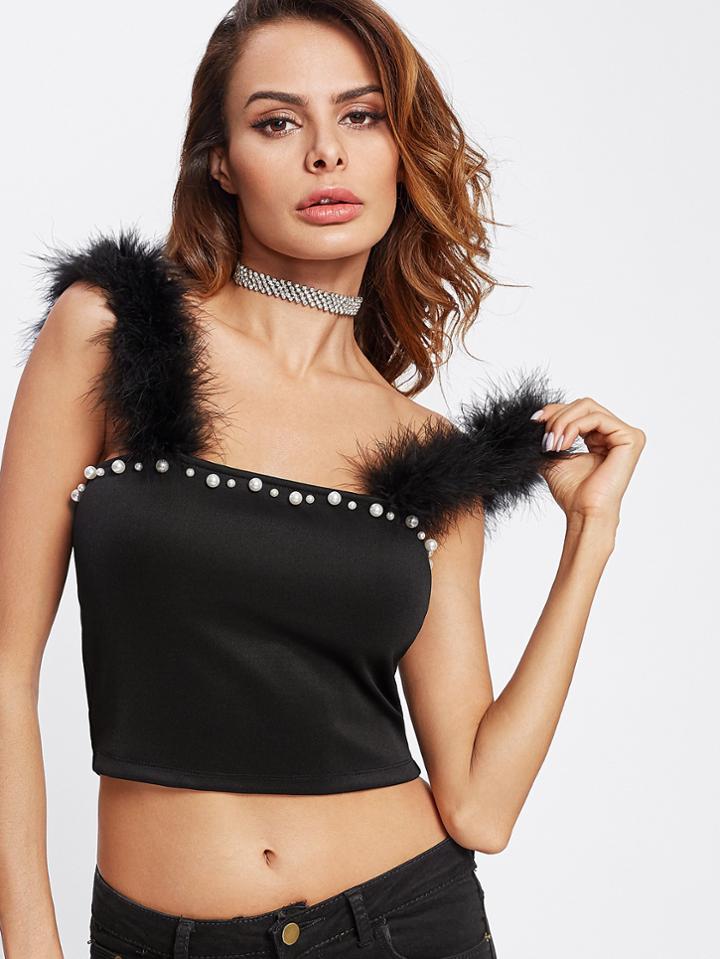 Shein Faux Fur Strap Pearl Beading Top