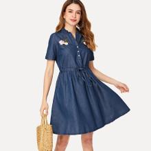 Shein Flower Embroidered Drawstring Waist Denim Dress